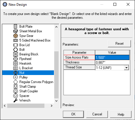 custom hex nut creator menu in eMachineShop CAD